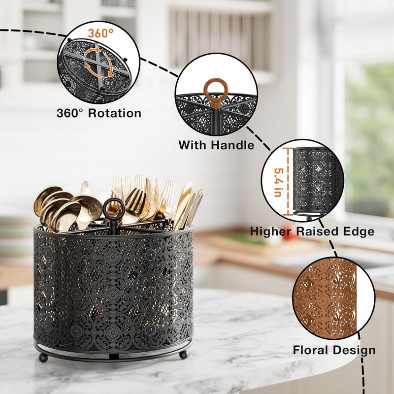 YIUKEA 360° Rotating Utensil Caddy Countertop - Cutlery Silverware Caddy Holder with 4 Compartment - Higher Raised Flatware Organizer with Handle for Party Kitchen Counter Office Black - Image 4